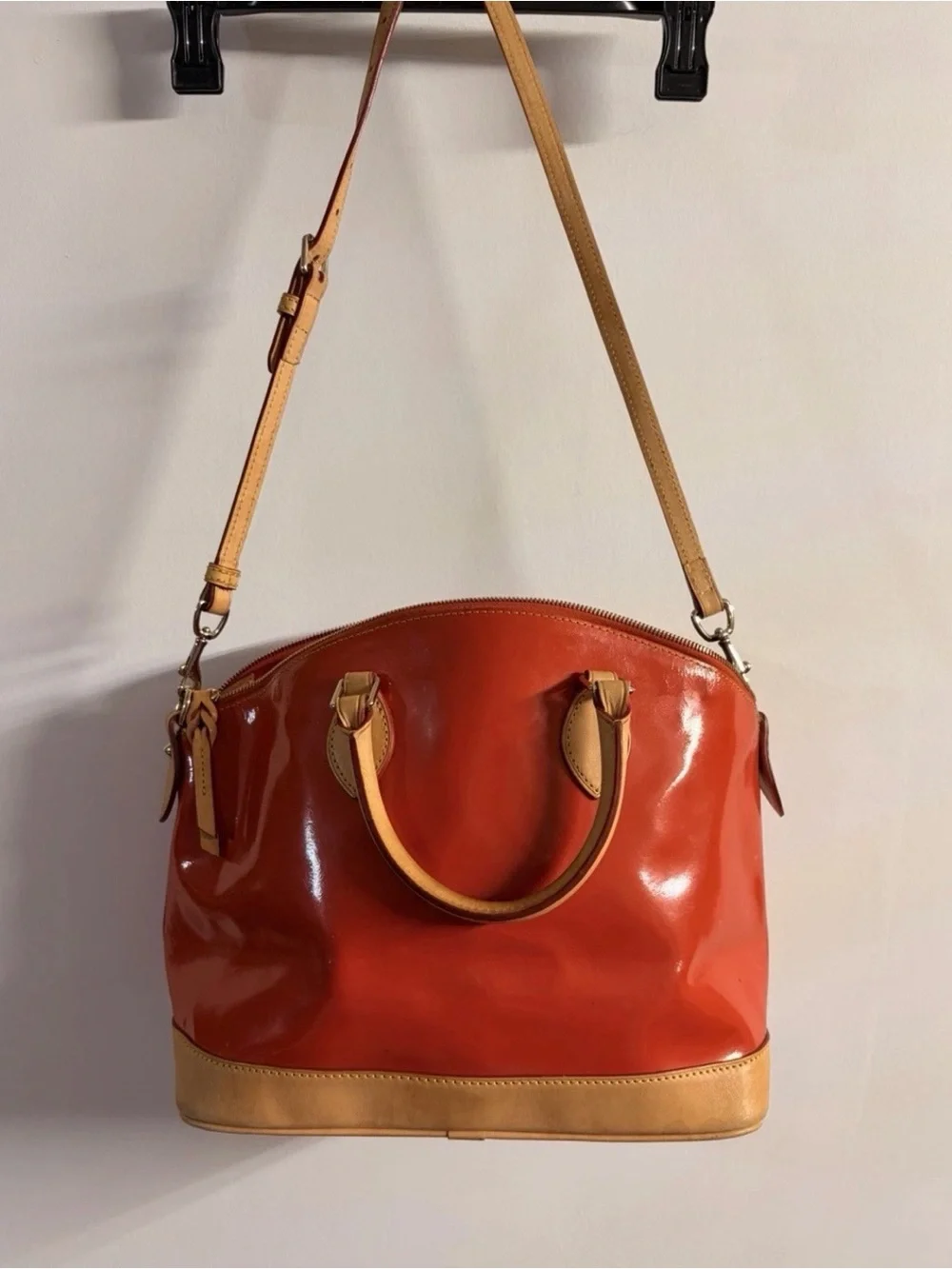 Dooney & Bourke Orange Patent Satchel with Tan Trim and Strap